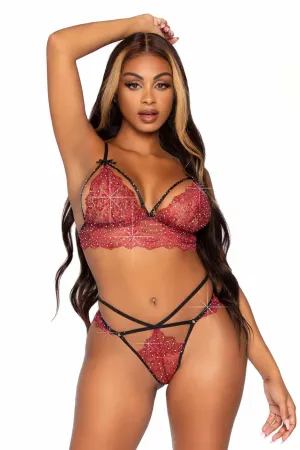 2 Piece Scalloped Lace Rhinestone Bralette Set With Matching G-String