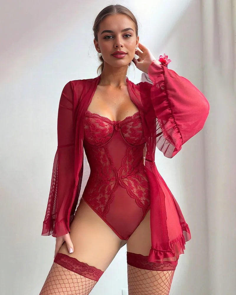 2 Piece Set Lace Kimono Robe with Teddy