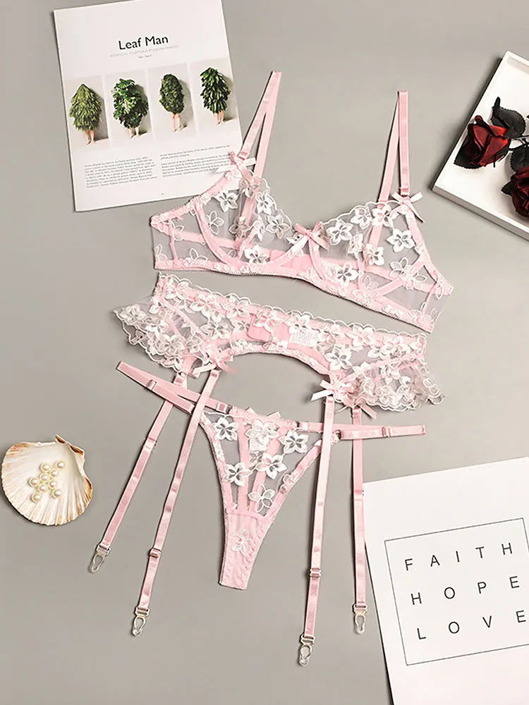 3 Piece Floral Embroidered Ruffle Sexy Underwire Lingerie Set