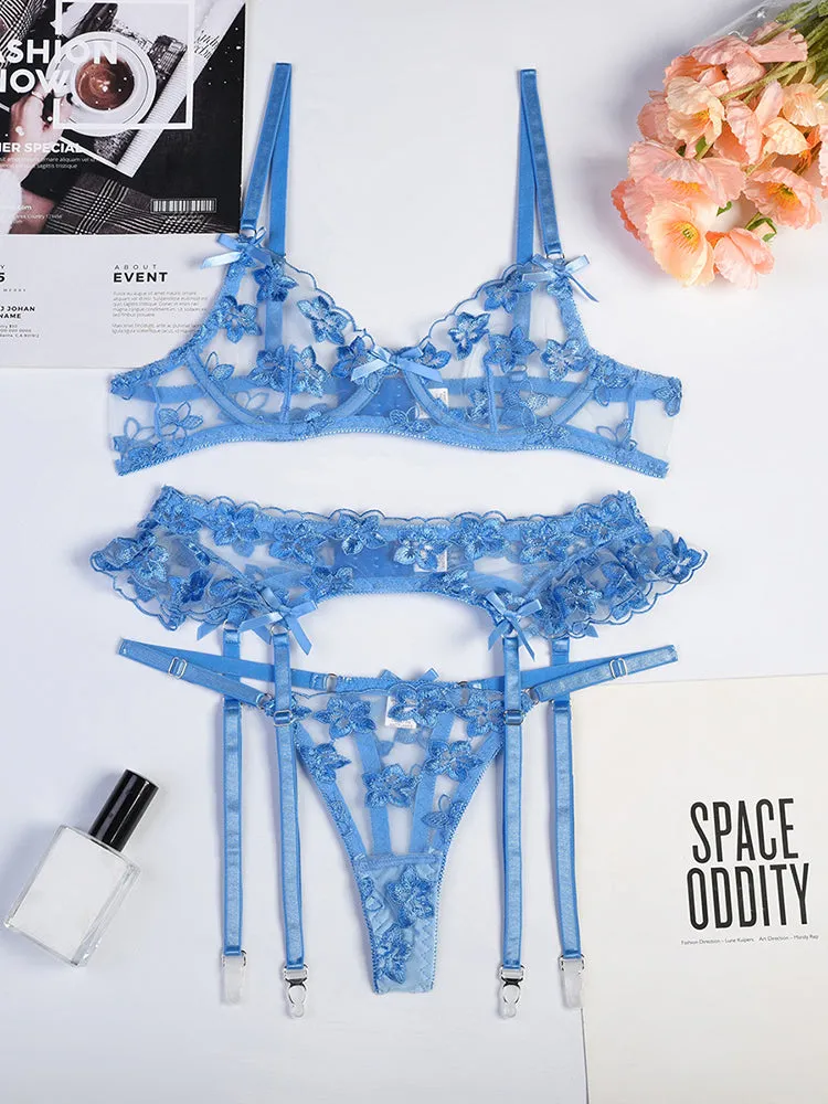 3 Piece Floral Embroidered Ruffle Sexy Underwire Lingerie Set