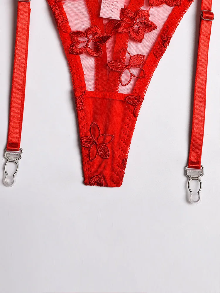 3 Piece Floral Embroidered Ruffle Sexy Underwire Lingerie Set