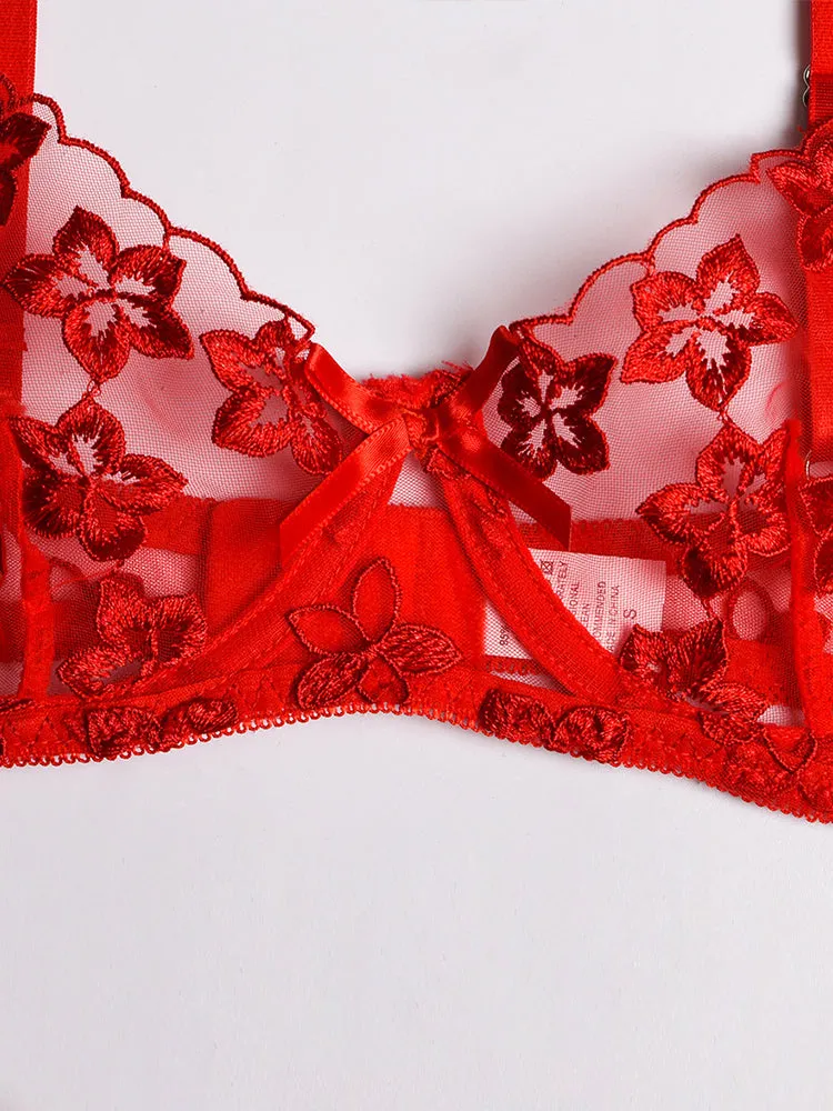 3 Piece Floral Embroidered Ruffle Sexy Underwire Lingerie Set