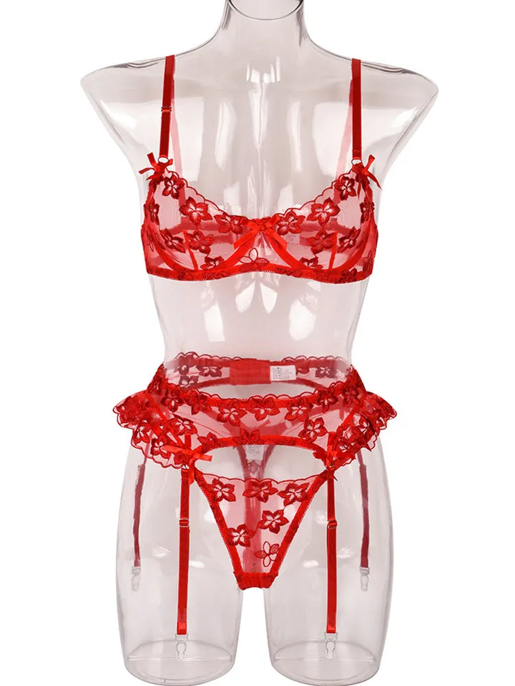 3 Piece Floral Embroidered Ruffle Sexy Underwire Lingerie Set