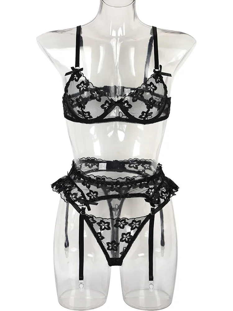3 Piece Floral Embroidered Ruffle Sexy Underwire Lingerie Set