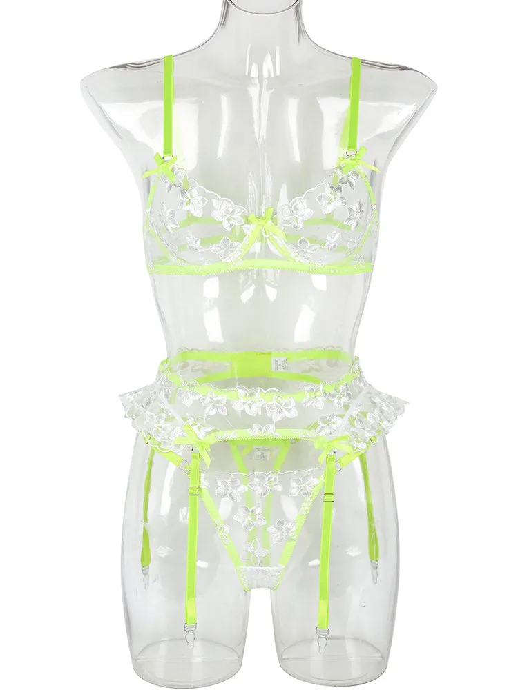 3 Piece Floral Embroidered Ruffle Sexy Underwire Lingerie Set