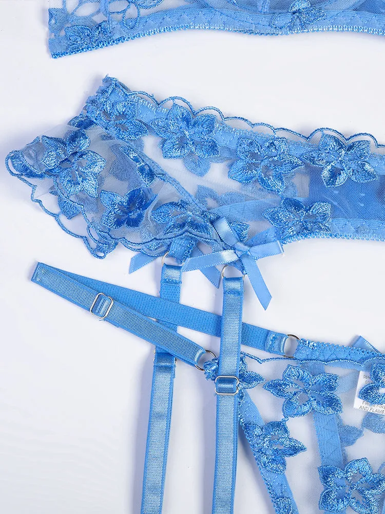 3 Piece Floral Embroidered Ruffle Sexy Underwire Lingerie Set