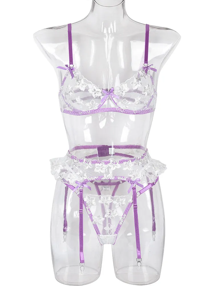 3 Piece Floral Embroidered Ruffle Sexy Underwire Lingerie Set