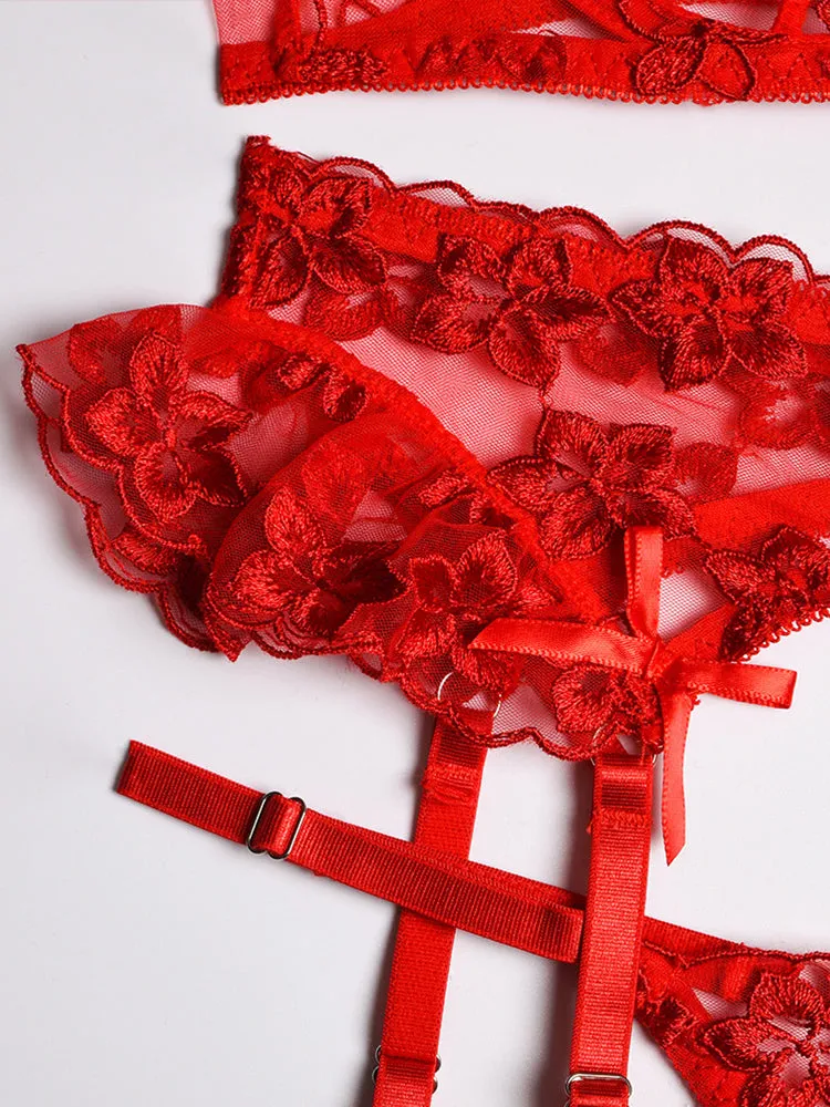3 Piece Floral Embroidered Ruffle Sexy Underwire Lingerie Set