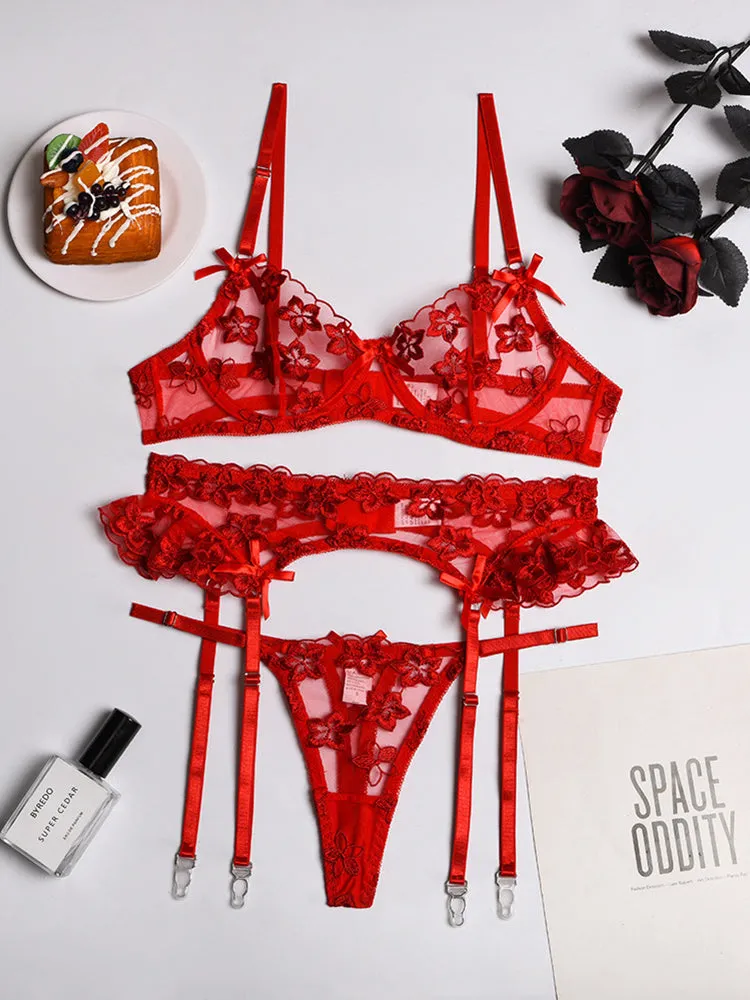 3 Piece Floral Embroidered Ruffle Sexy Underwire Lingerie Set