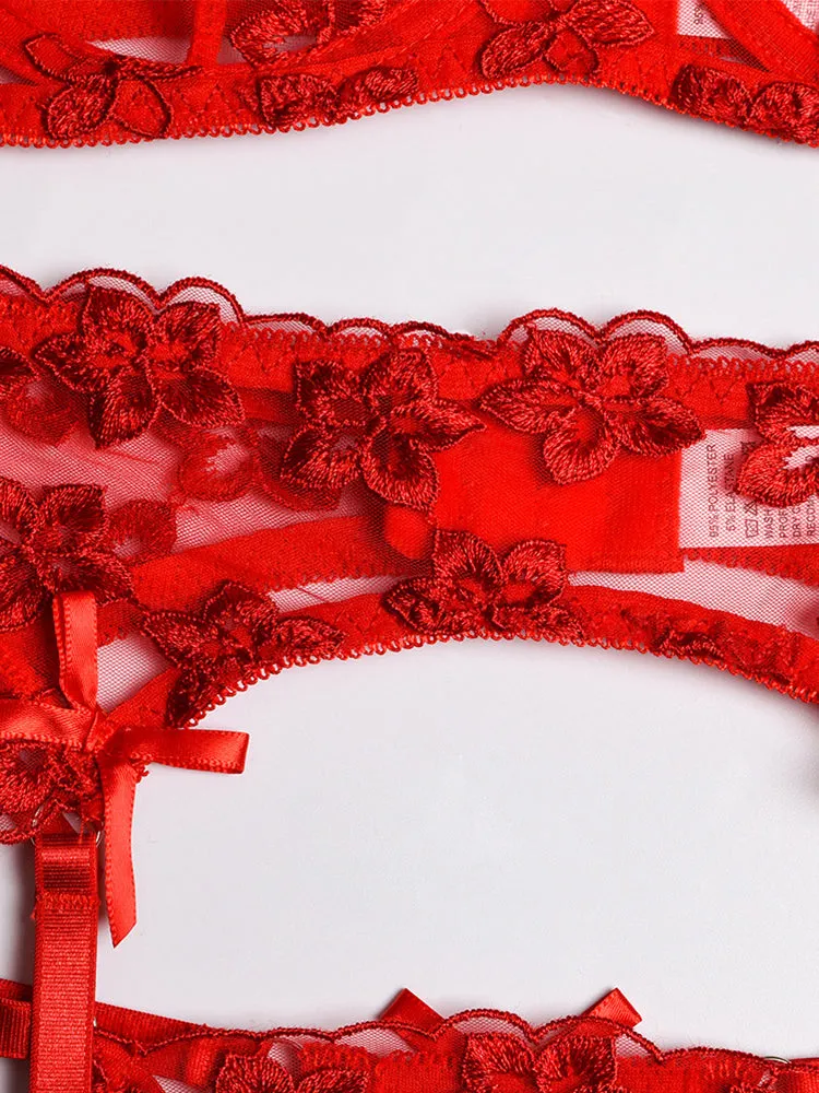 3 Piece Floral Embroidered Ruffle Sexy Underwire Lingerie Set