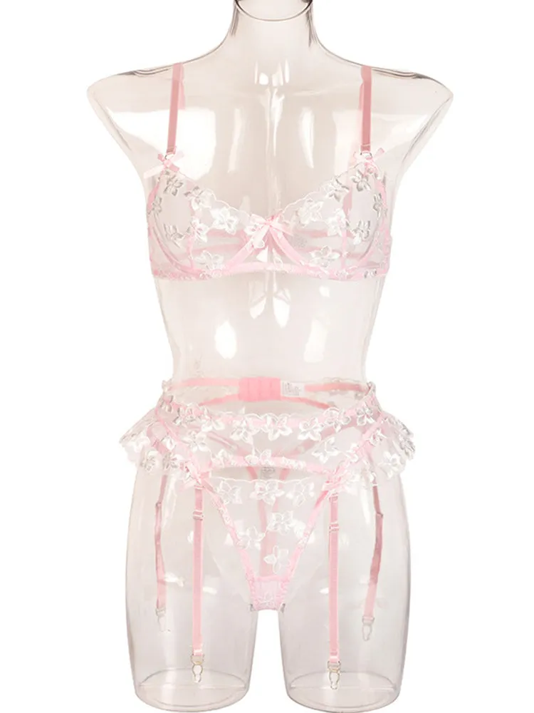 3 Piece Floral Embroidered Ruffle Sexy Underwire Lingerie Set