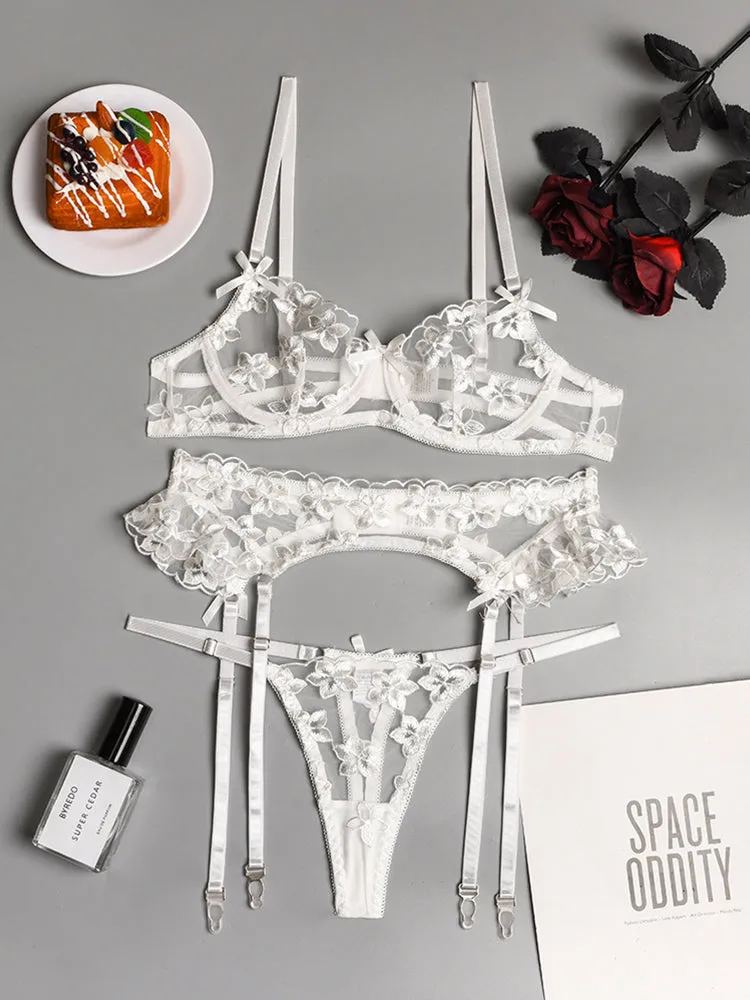 3 Piece Floral Embroidered Ruffle Sexy Underwire Lingerie Set