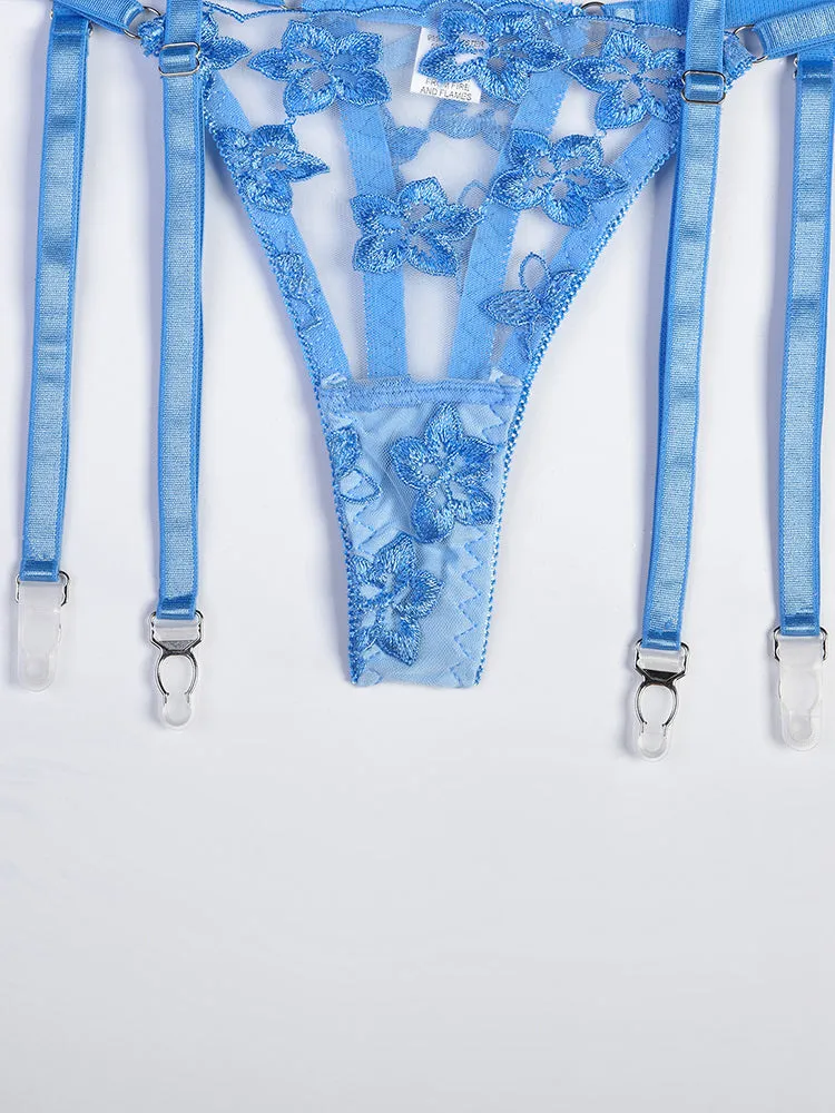 3 Piece Floral Embroidered Ruffle Sexy Underwire Lingerie Set