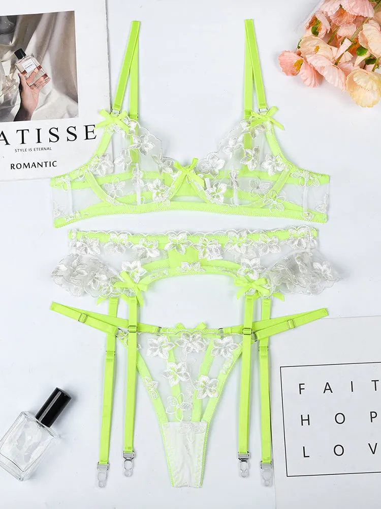 3 Piece Floral Embroidered Ruffle Sexy Underwire Lingerie Set