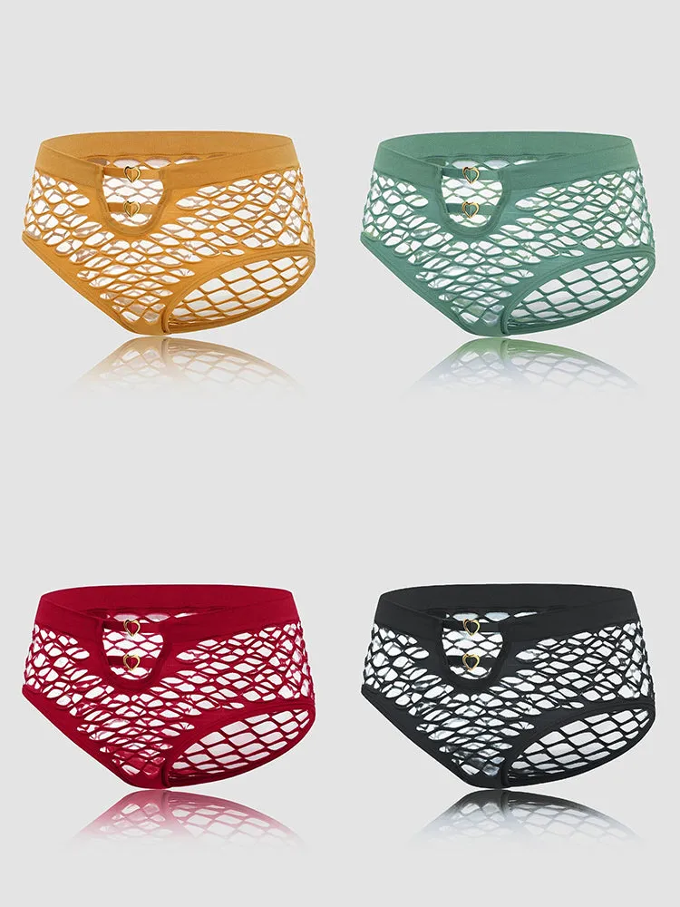 4 Packs Women Plain Fishnet Stretch See Through Breathable Sexy Panties