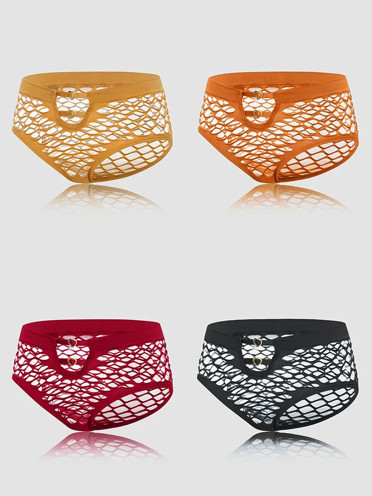4 Packs Women Plain Fishnet Stretch See Through Breathable Sexy Panties