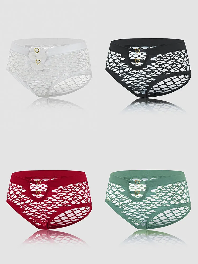 4 Packs Women Plain Fishnet Stretch See Through Breathable Sexy Panties