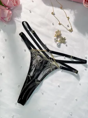 Black Gold-threaded Butterfly Bow Thong