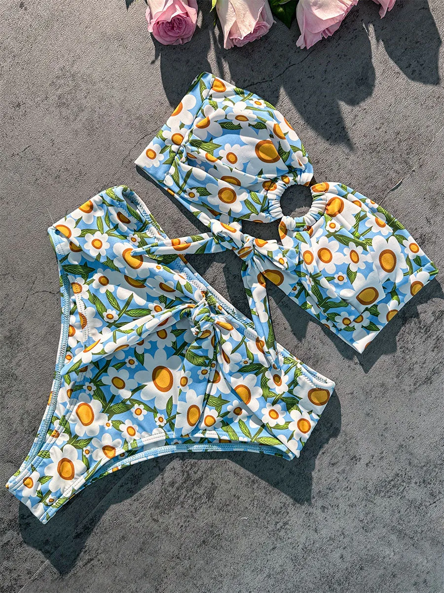 Blue Floral Print Double layer High-Waisted Bikini Set