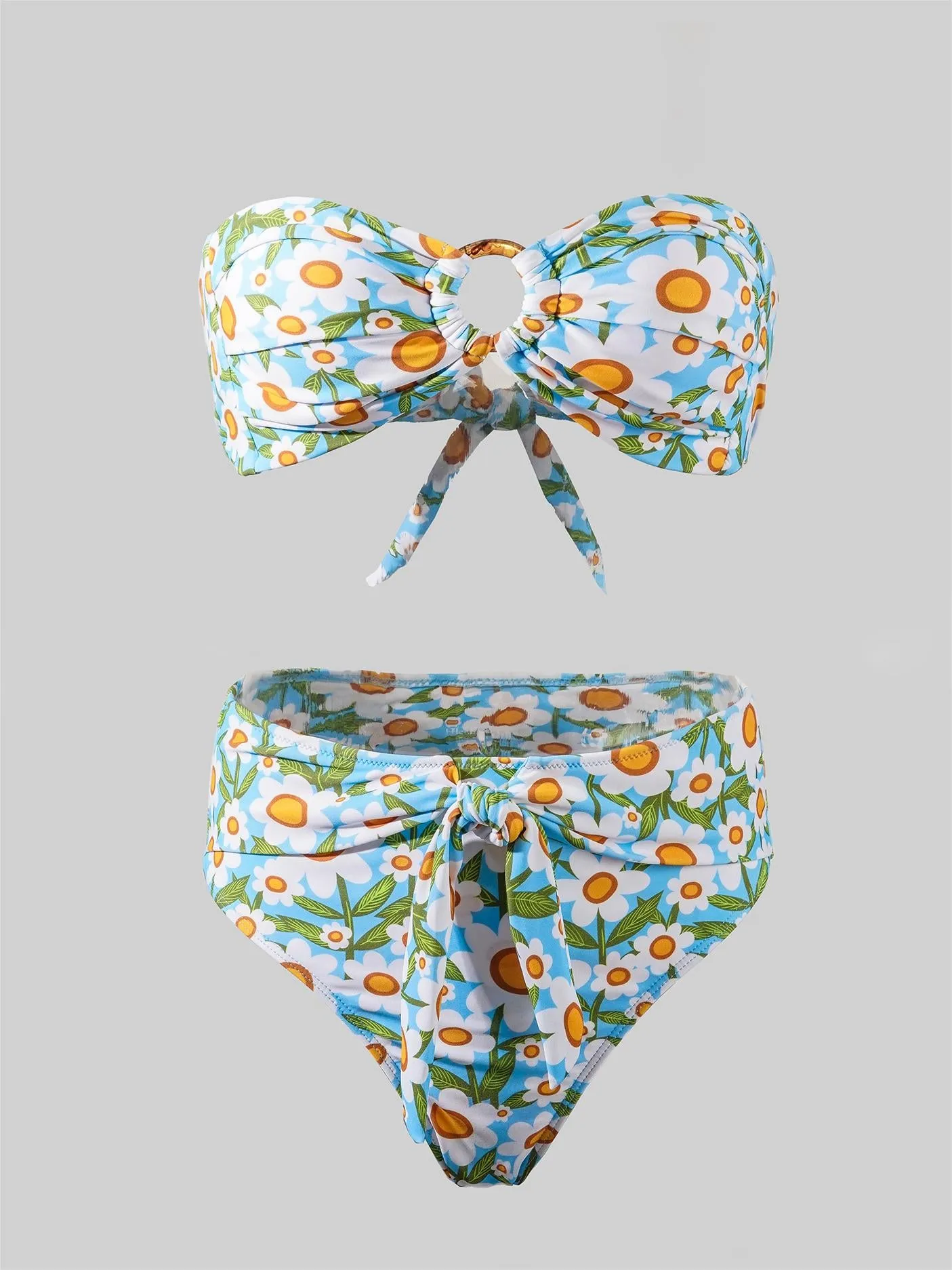 Blue Floral Print Double layer High-Waisted Bikini Set
