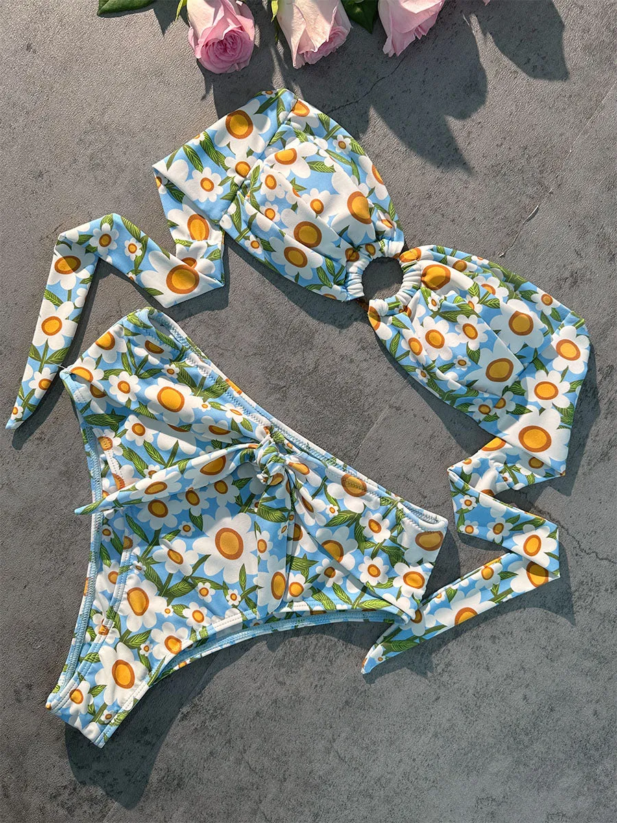 Blue Floral Print Double layer High-Waisted Bikini Set