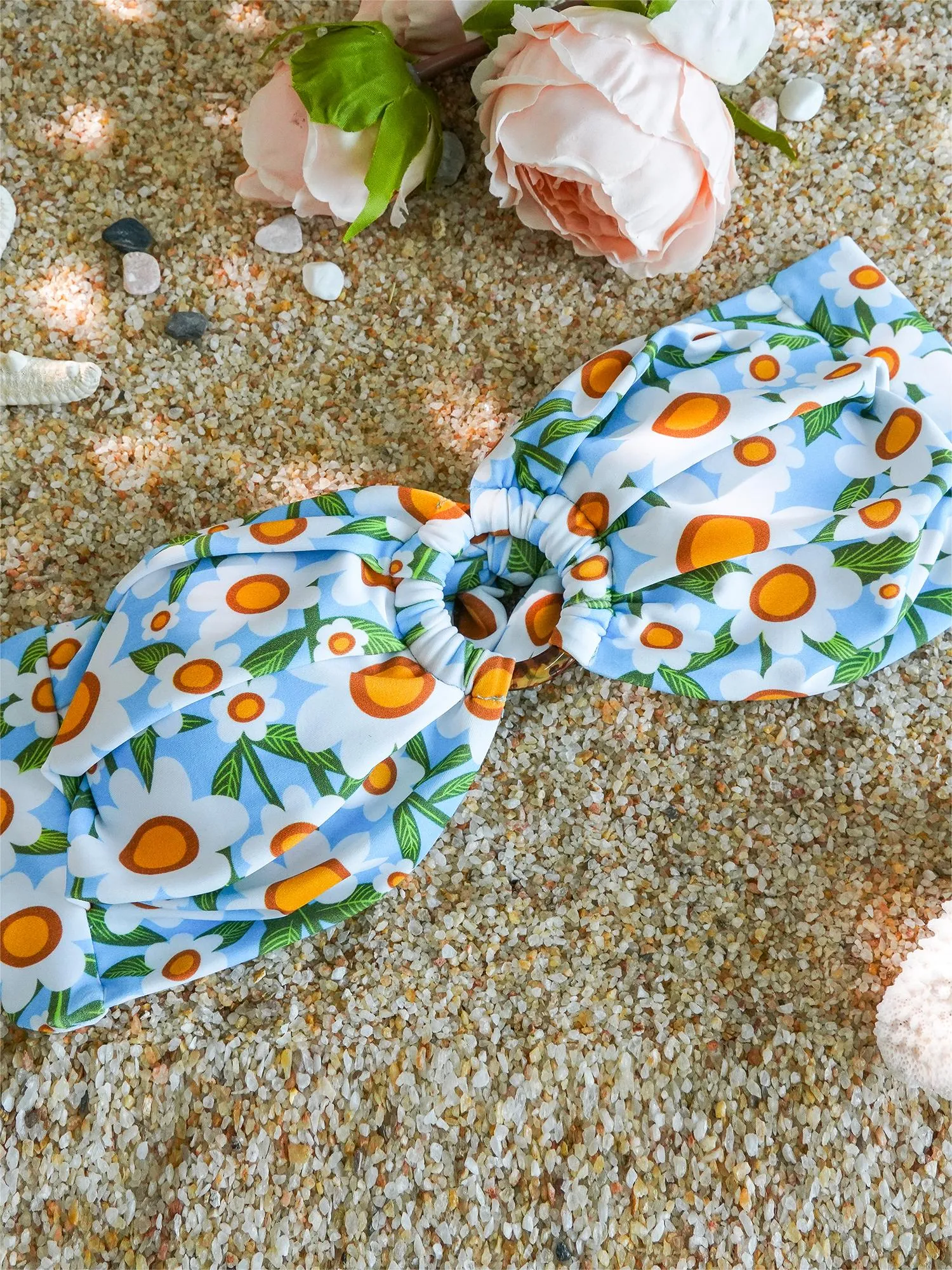 Blue Floral Print Double layer High-Waisted Bikini Set