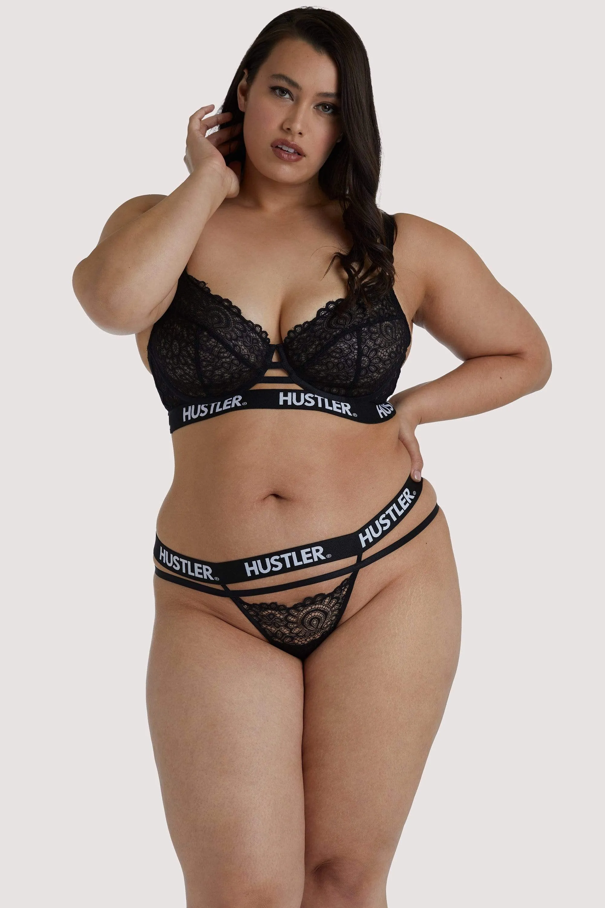 Branded Black Lace Thong