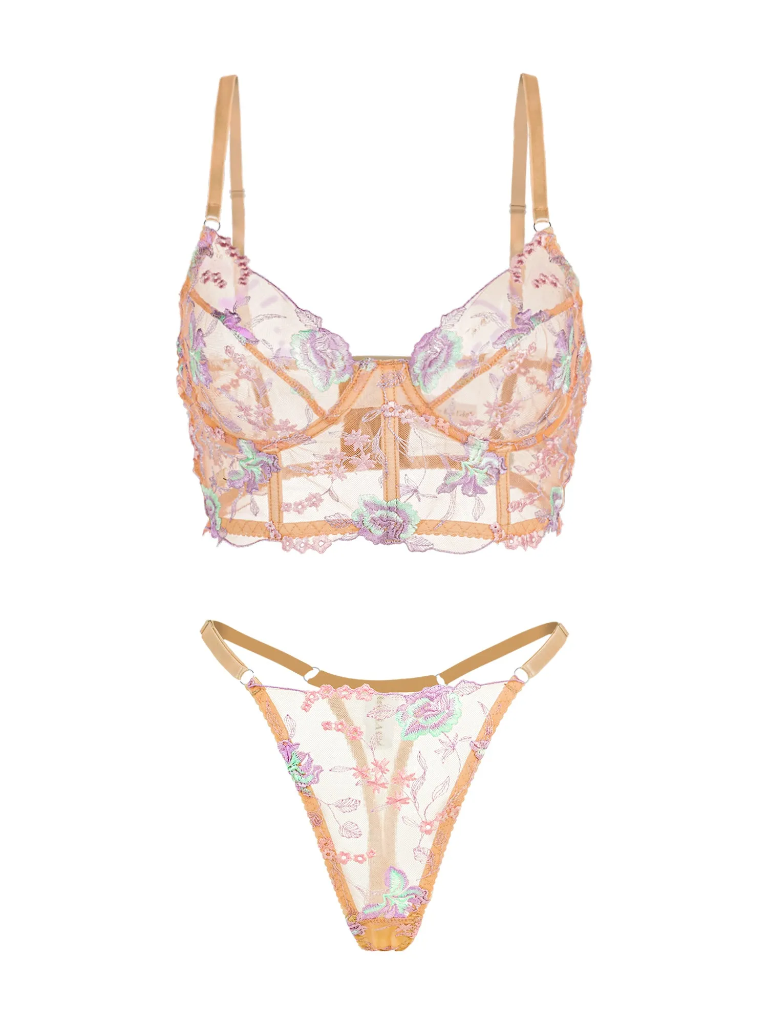 Champagne Floral Sexy Sheer Embroidered Lingerie Set