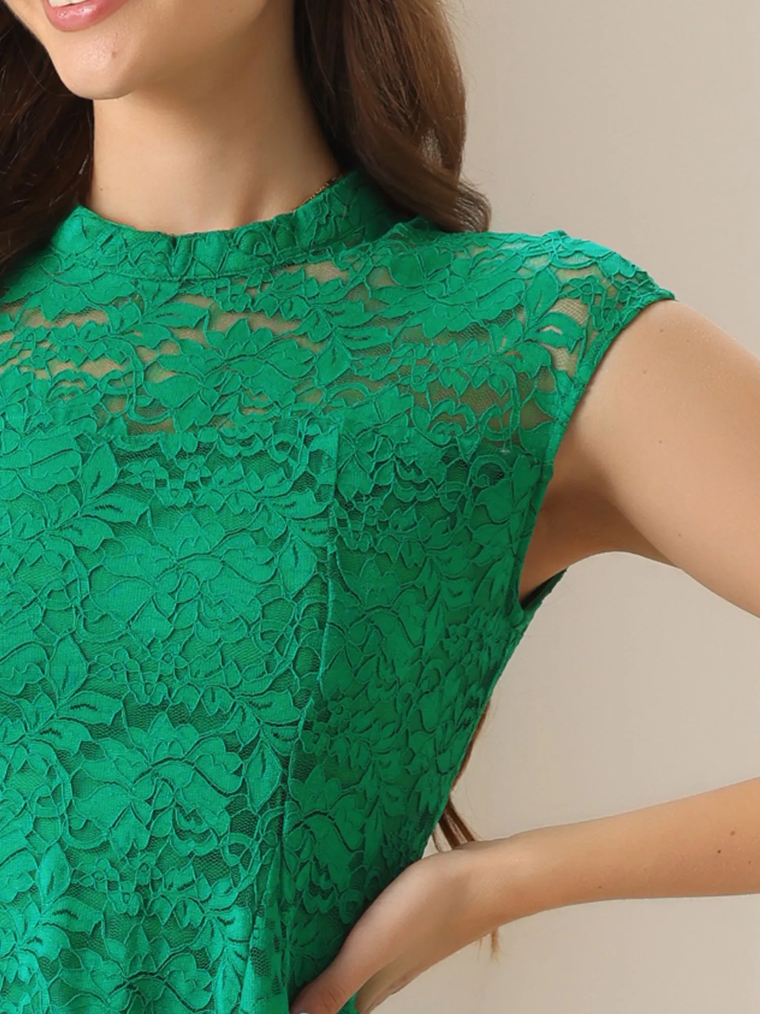 Crochet Peplum Floral Mock Neck Cap Sleeve Lace Blouse