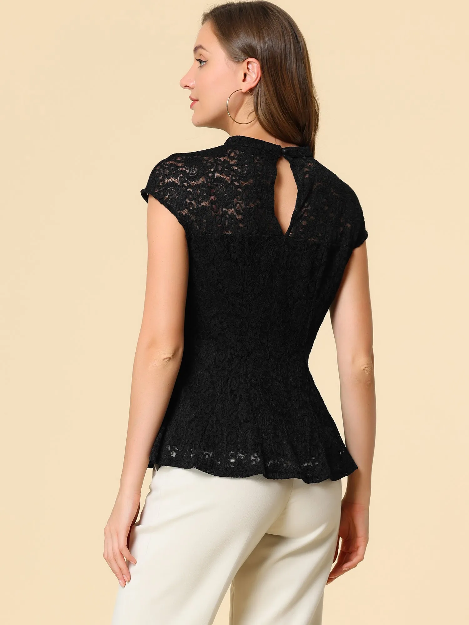 Crochet Peplum Floral Mock Neck Cap Sleeve Lace Blouse