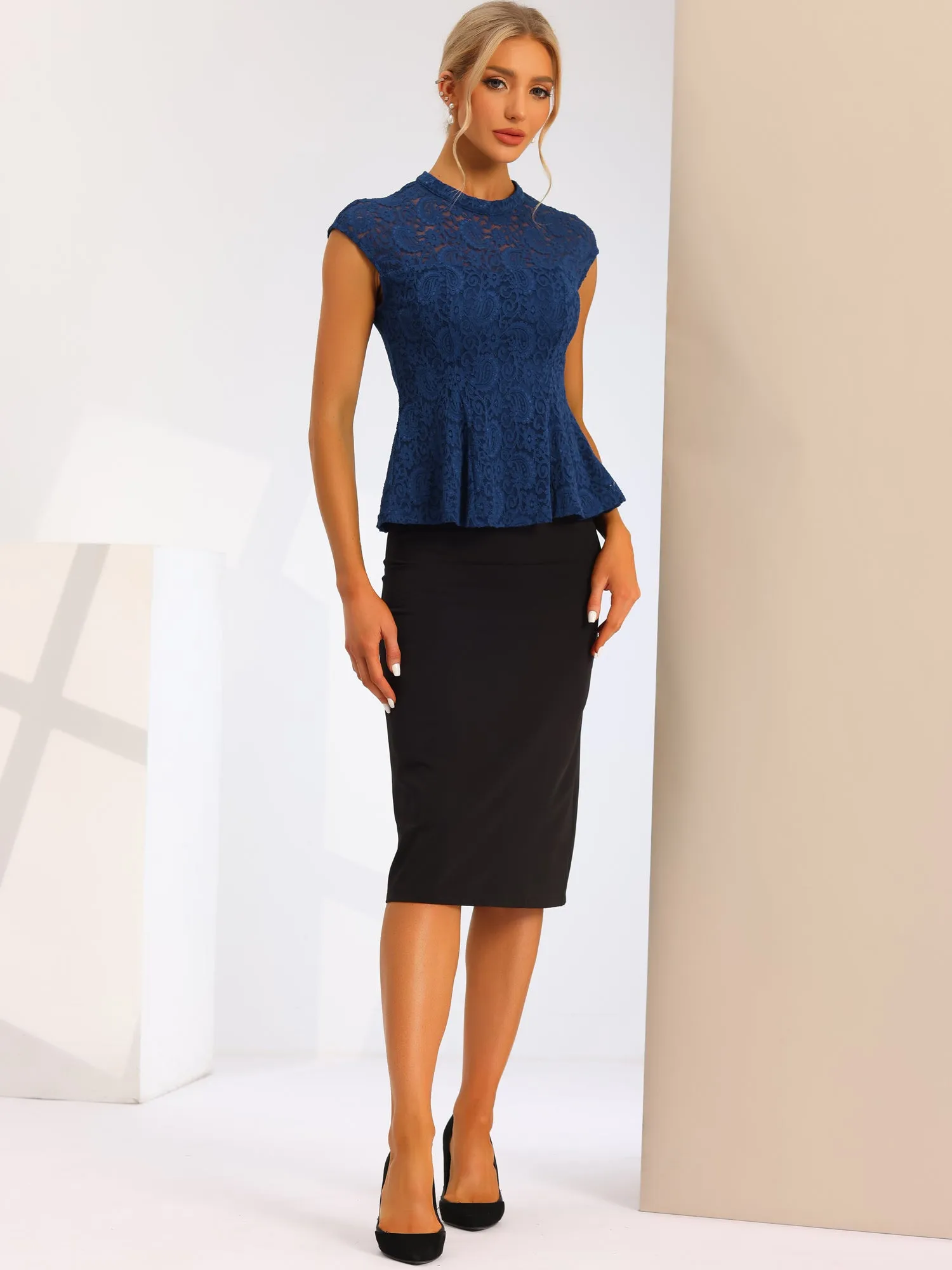 Crochet Peplum Floral Mock Neck Cap Sleeve Lace Blouse