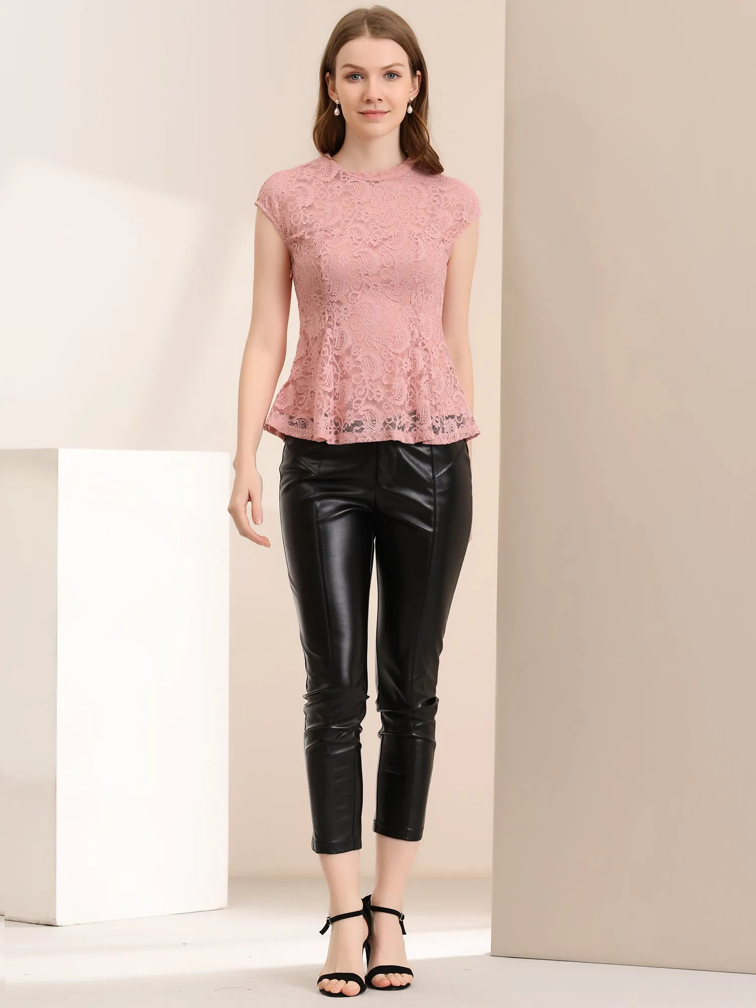 Crochet Peplum Floral Mock Neck Cap Sleeve Lace Blouse