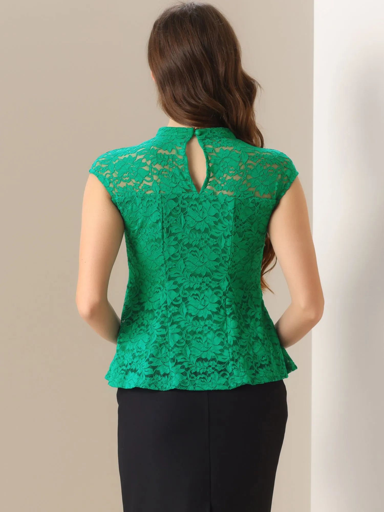 Crochet Peplum Floral Mock Neck Cap Sleeve Lace Blouse