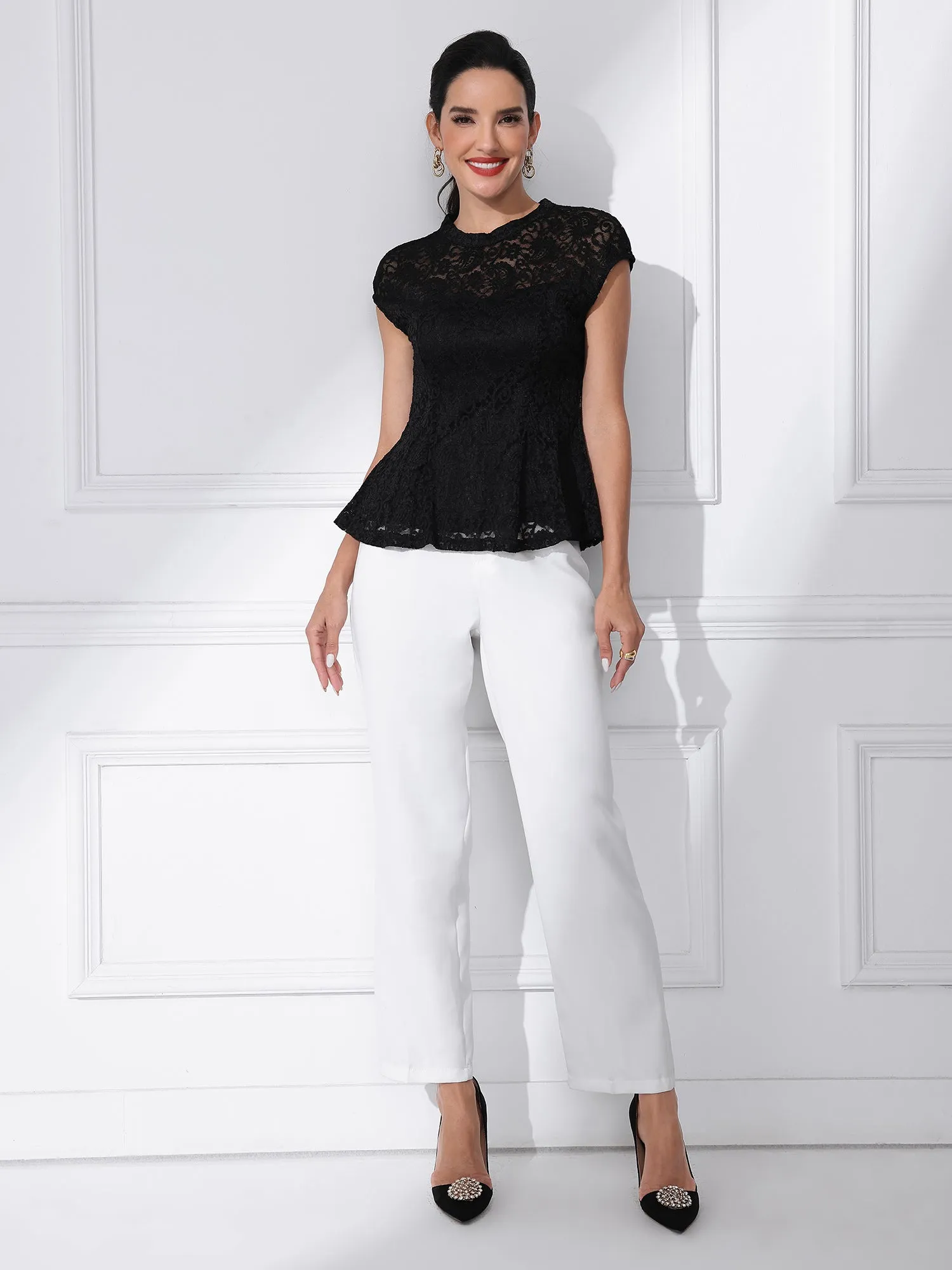 Crochet Peplum Floral Mock Neck Cap Sleeve Lace Blouse