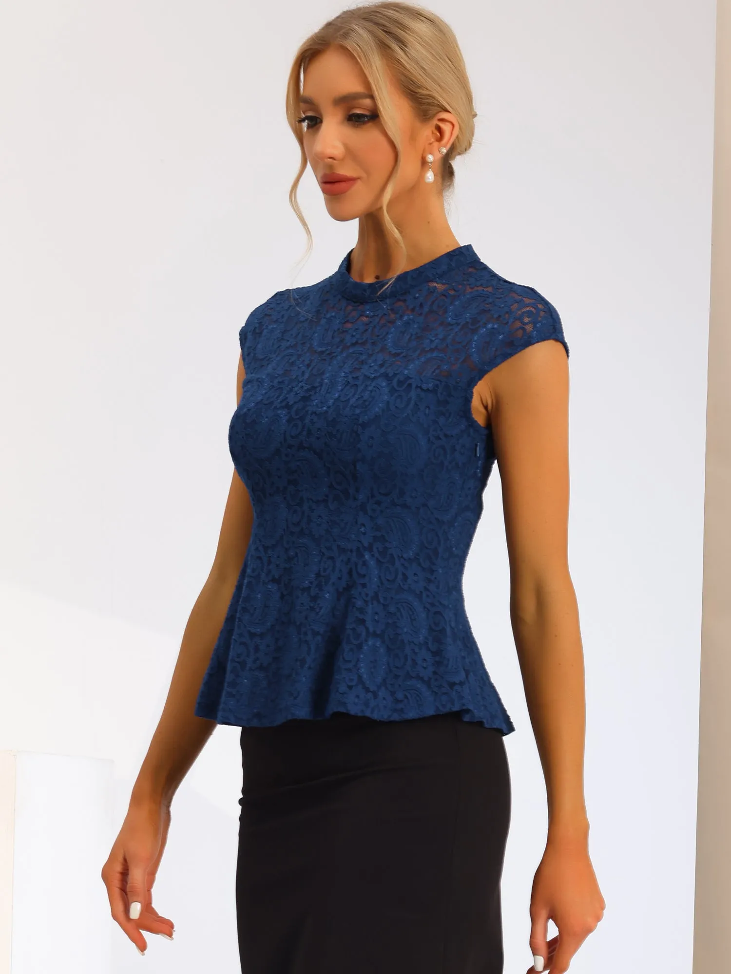 Crochet Peplum Floral Mock Neck Cap Sleeve Lace Blouse
