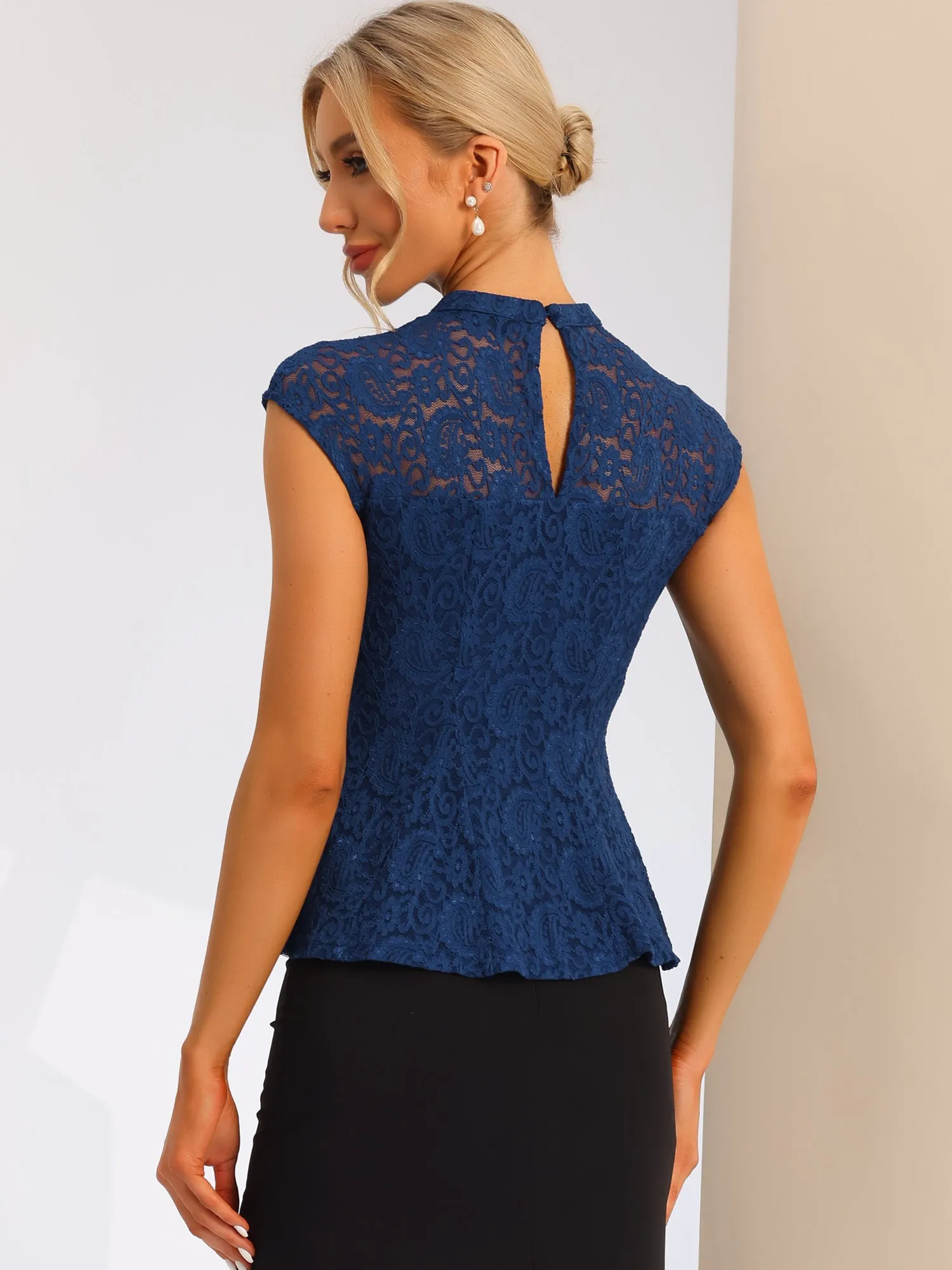 Crochet Peplum Floral Mock Neck Cap Sleeve Lace Blouse