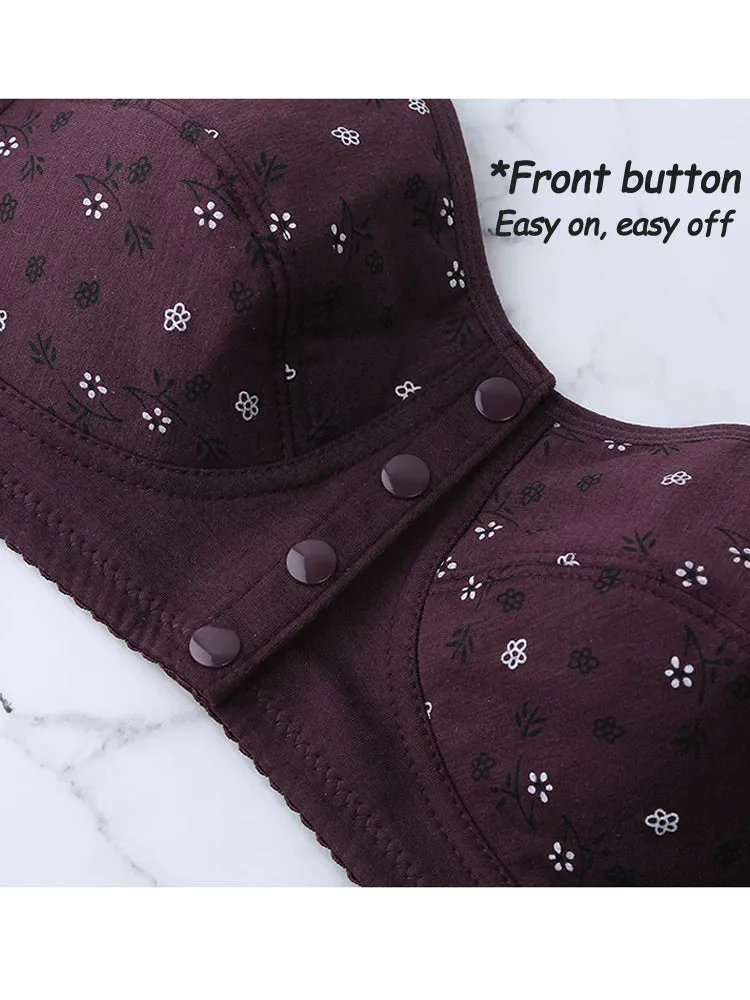 Floral Print Cotton Front 4-Bottons Close Wireless Bra