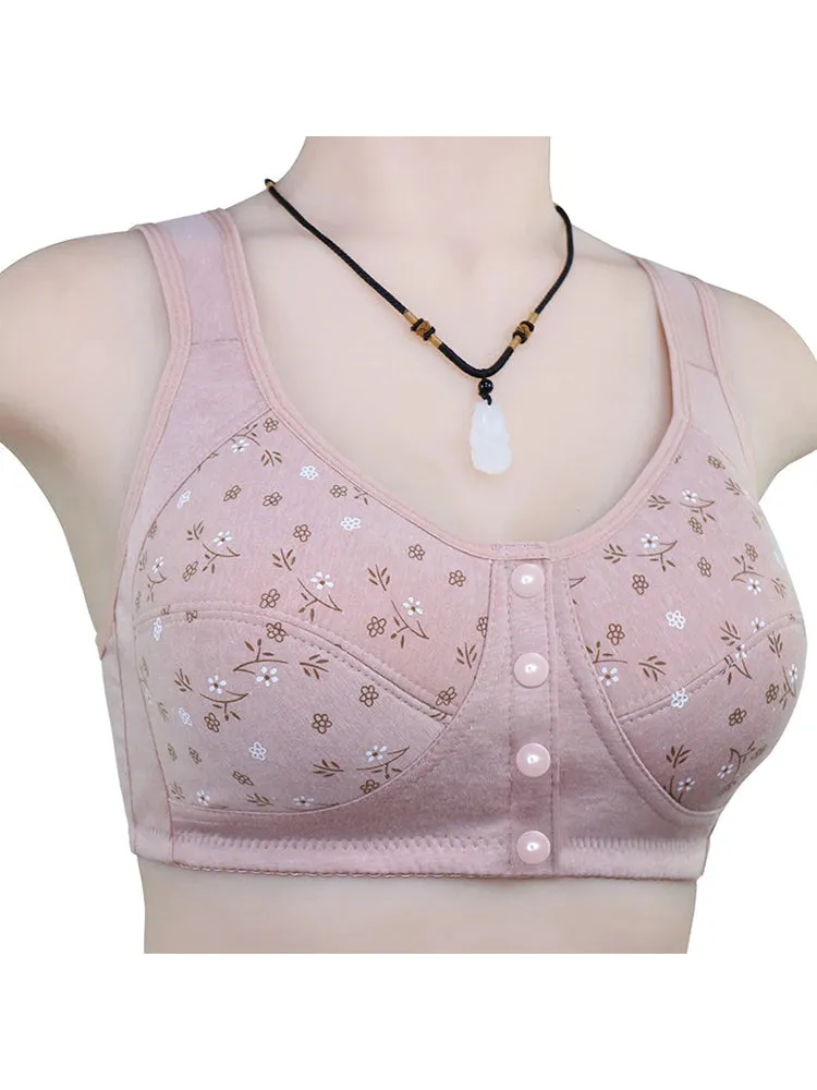 Floral Print Cotton Front 4-Bottons Close Wireless Bra