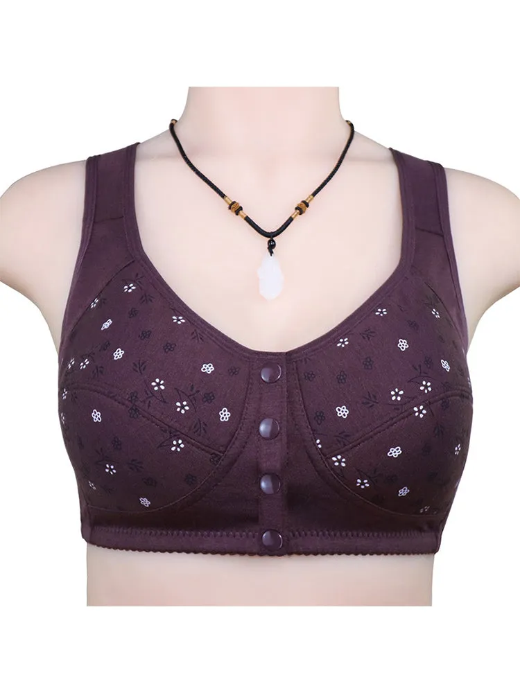 Floral Print Cotton Front 4-Bottons Close Wireless Bra