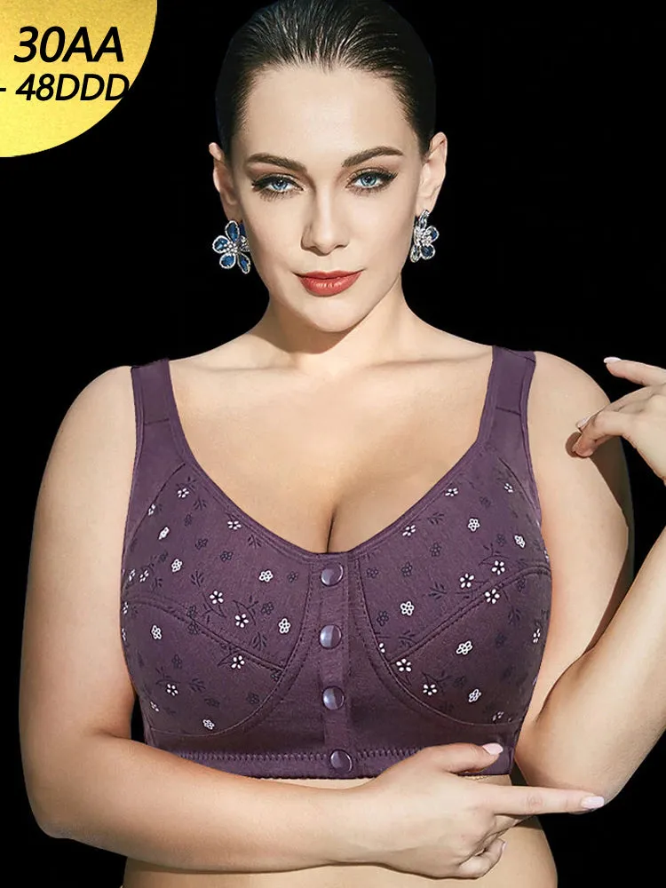 Floral Print Cotton Front 4-Bottons Close Wireless Bra