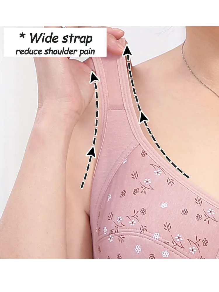 Floral Print Cotton Front 4-Bottons Close Wireless Bra