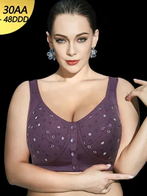 Floral Print Cotton Front 4-Bottons Close Wireless Bra