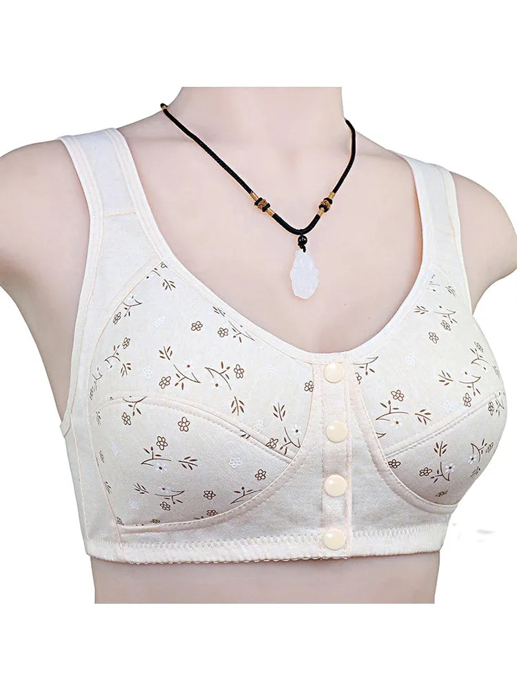 Floral Print Cotton Front 4-Bottons Close Wireless Bra