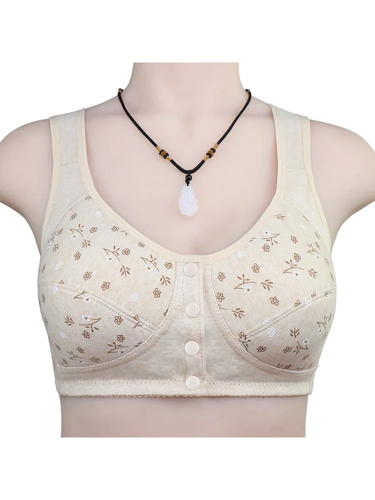Floral Print Cotton Front 4-Bottons Close Wireless Bra