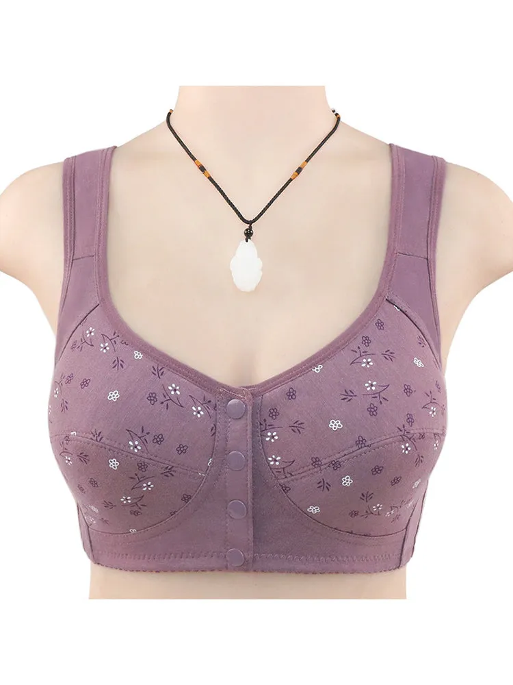 Floral Print Cotton Front 4-Bottons Close Wireless Bra