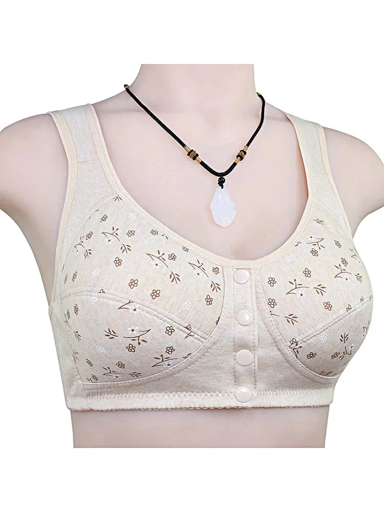 Floral Print Cotton Front 4-Bottons Close Wireless Bra