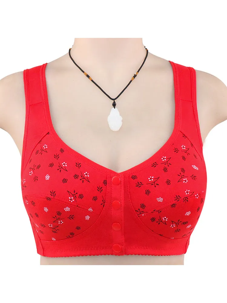 Floral Print Cotton Front 4-Bottons Close Wireless Bra
