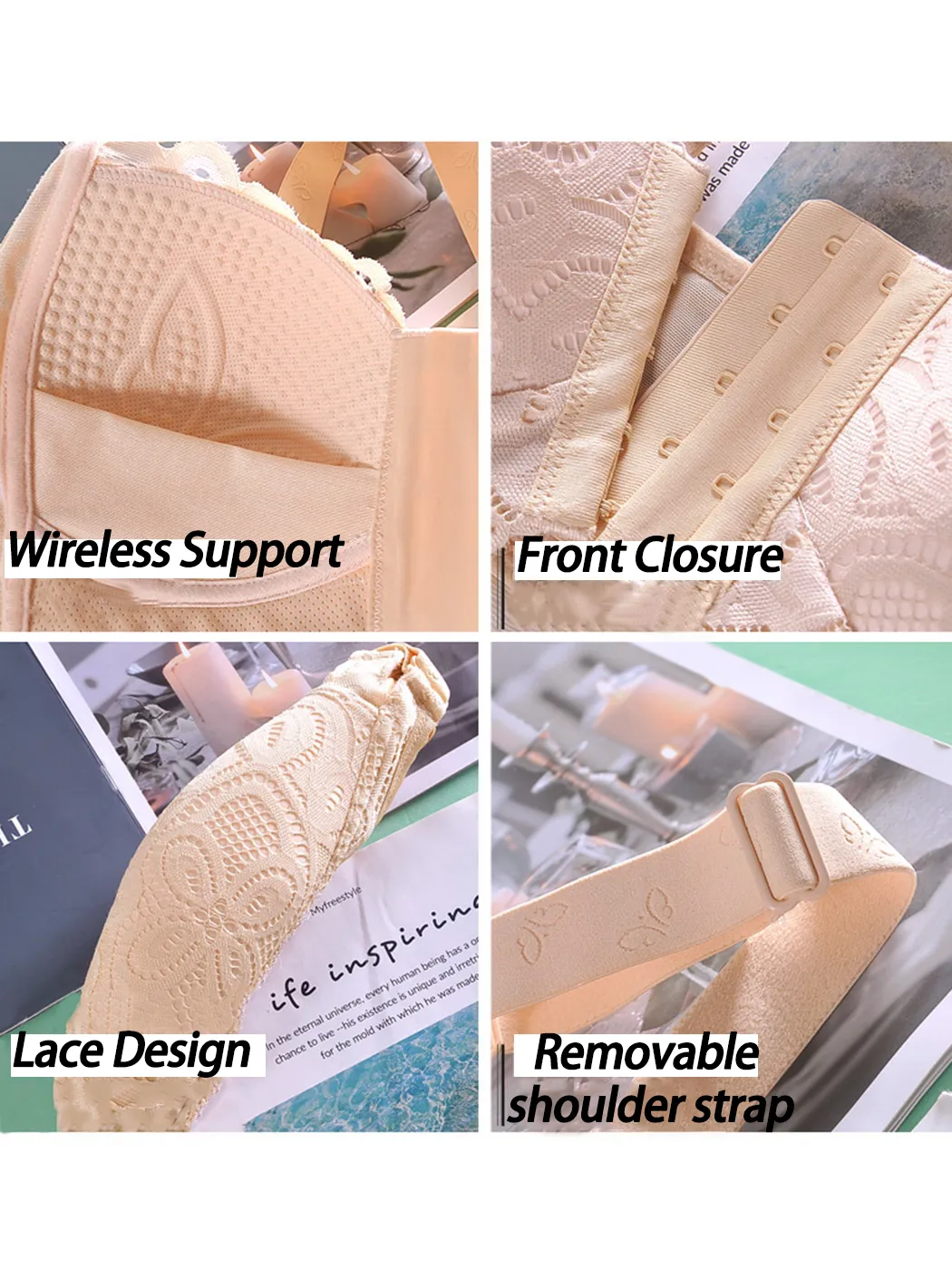 Front Closure Lace Lift Support Wireless Bra