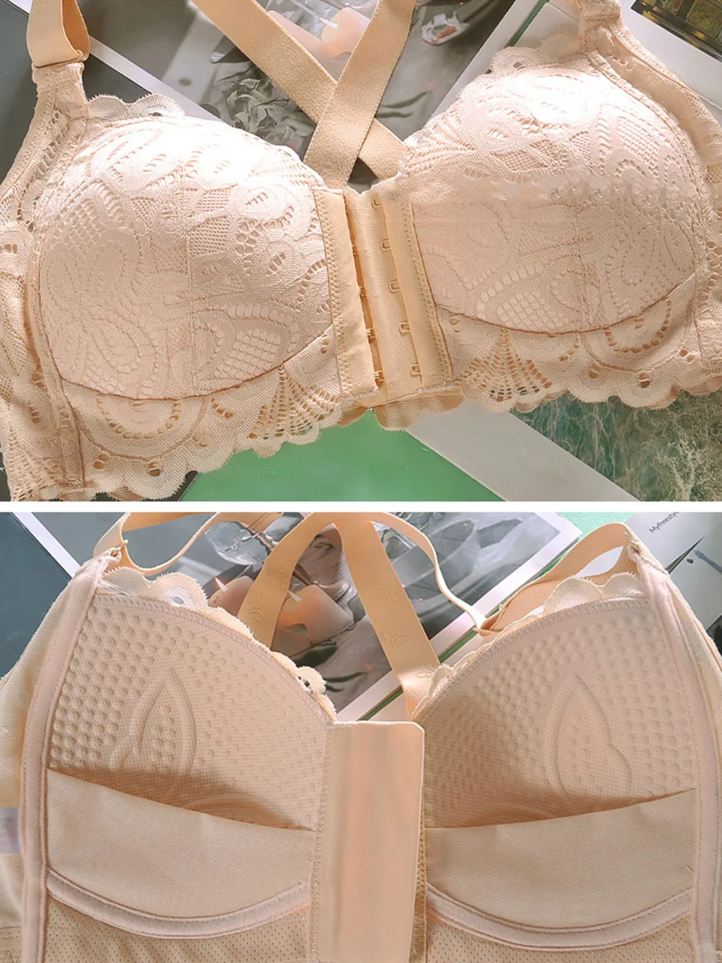 Front Closure Lace Lift Support Wireless Bra