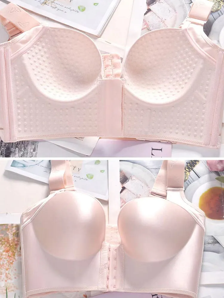 Front Closure&Wide Straps Longline Wireless Glossy Cup Push Up Bra